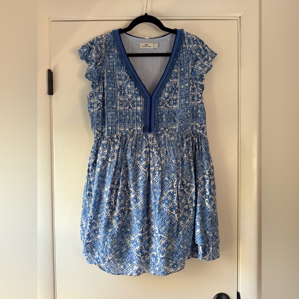 Vineyard Vines Cay Scarf Print Short Sleeve Fringe Dress Blue White Large - Picture 2 of 9